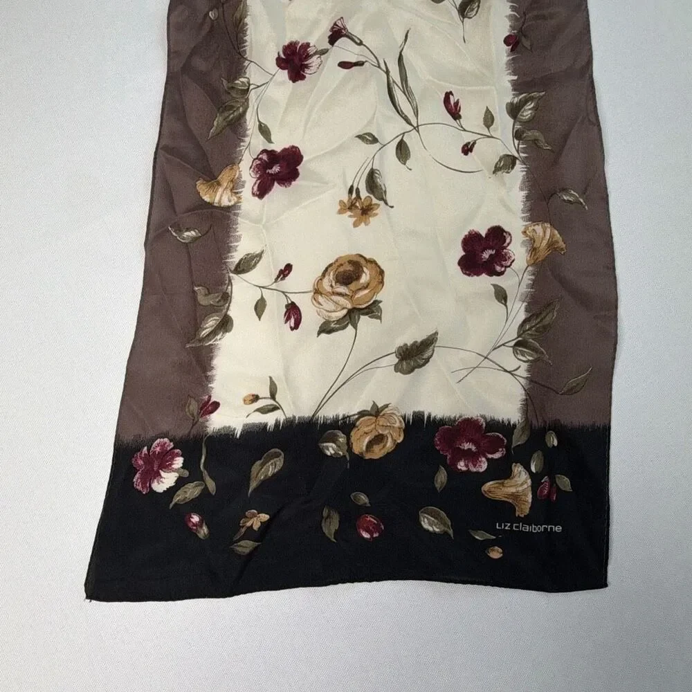 Liz Claiborne Vintage Silk Scarf Flowers Cream and Taupe
